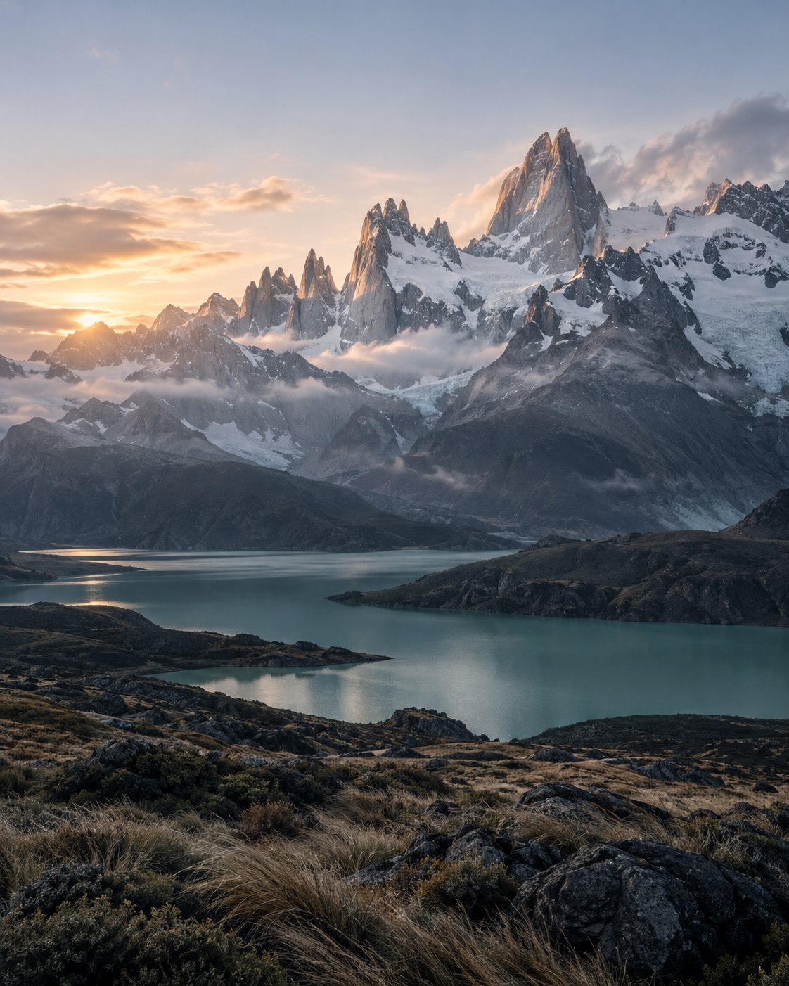 Picos do Fitz Roy sobre lago patagônico ao entardecer