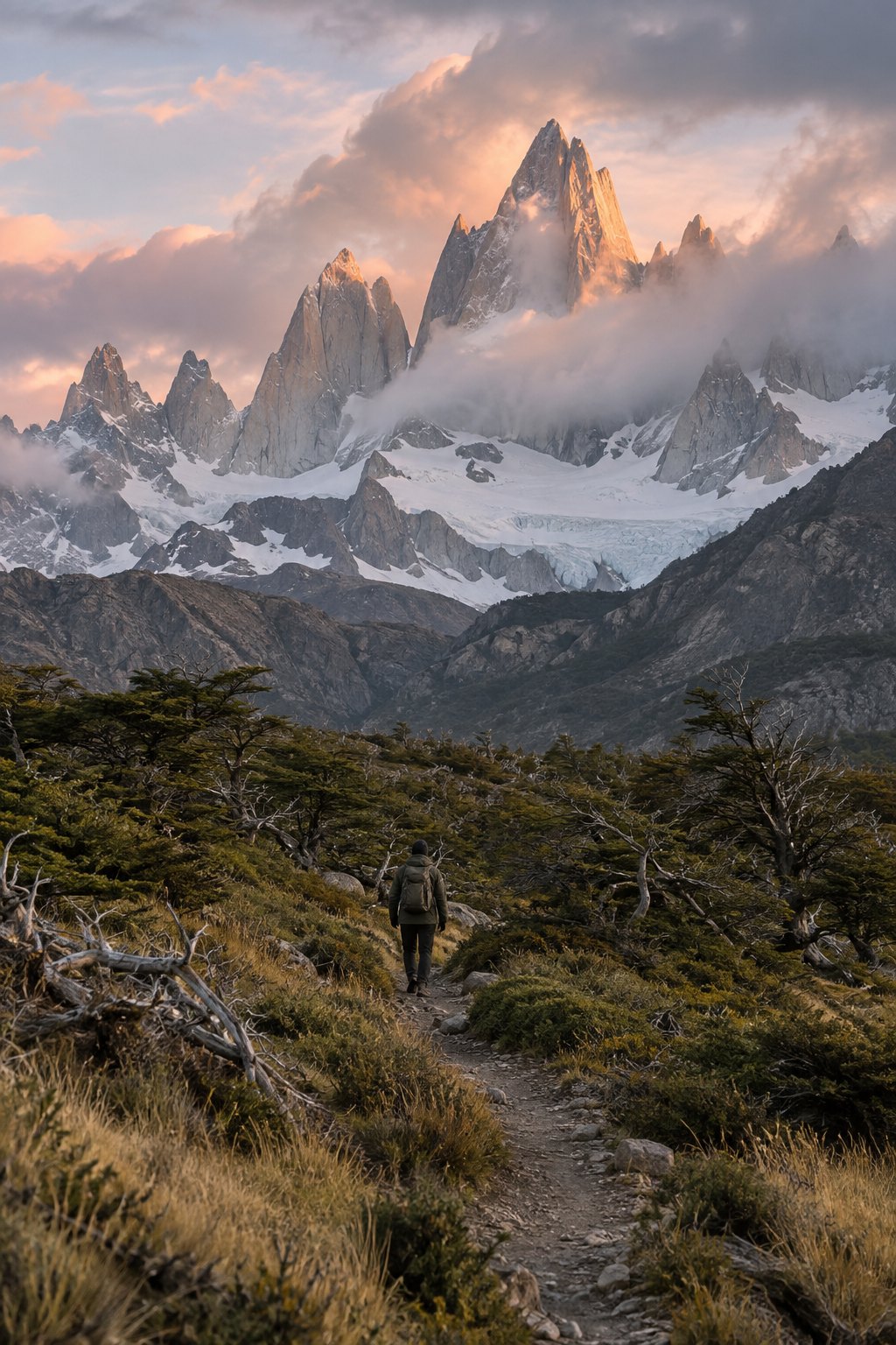 Caminhante em trilha de bosque patagônico diante do maciço do Fitz Roy, em El Chaltén