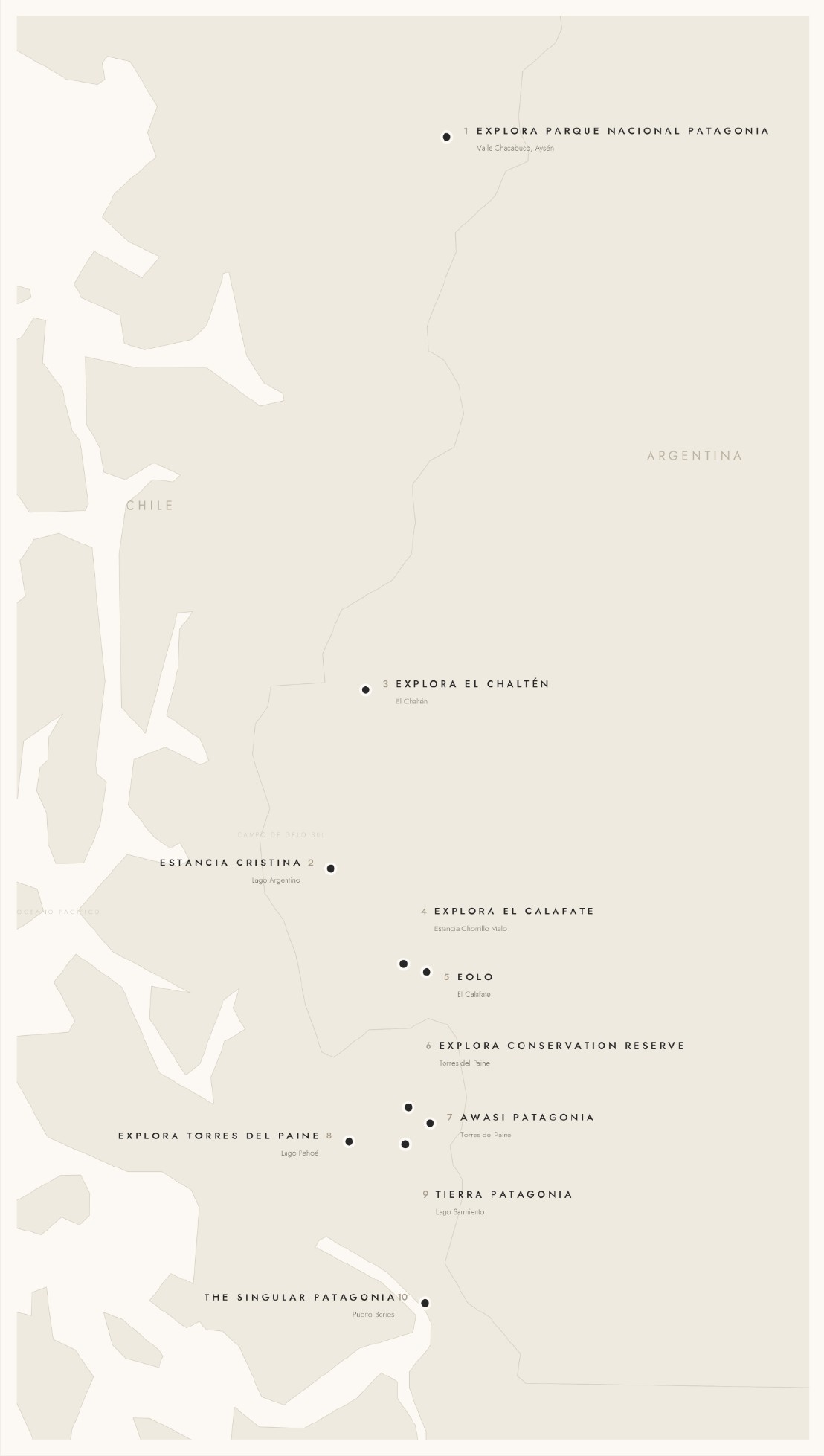 Mapa dos hotéis recomendados pela Your Way Travel na Patagônia chilena e argentina