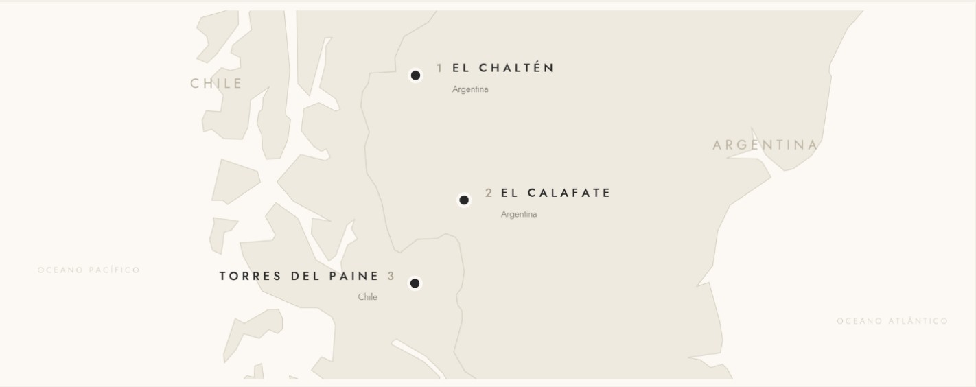 Mapa da Patagônia com El Chaltén e El Calafate, na Argentina, e Torres del Paine, no Chile