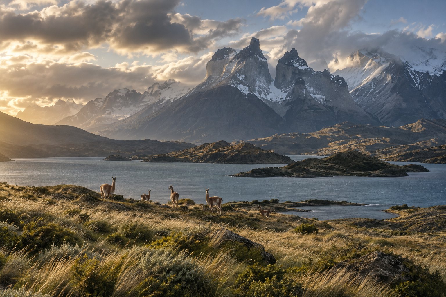 Guanacos diante dos Cuernos del Paine e de um lago, no Parque Nacional Torres del Paine