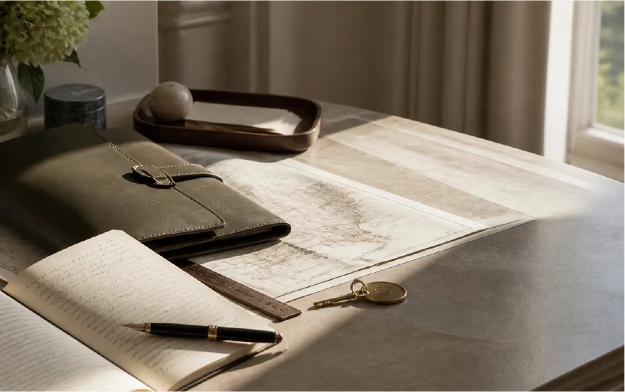 Mesa de trabalho com mapa, caderno e caneta