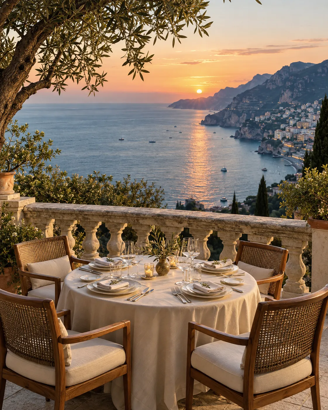 Mesa preparada para quatro com vista para o Mediterrâneo